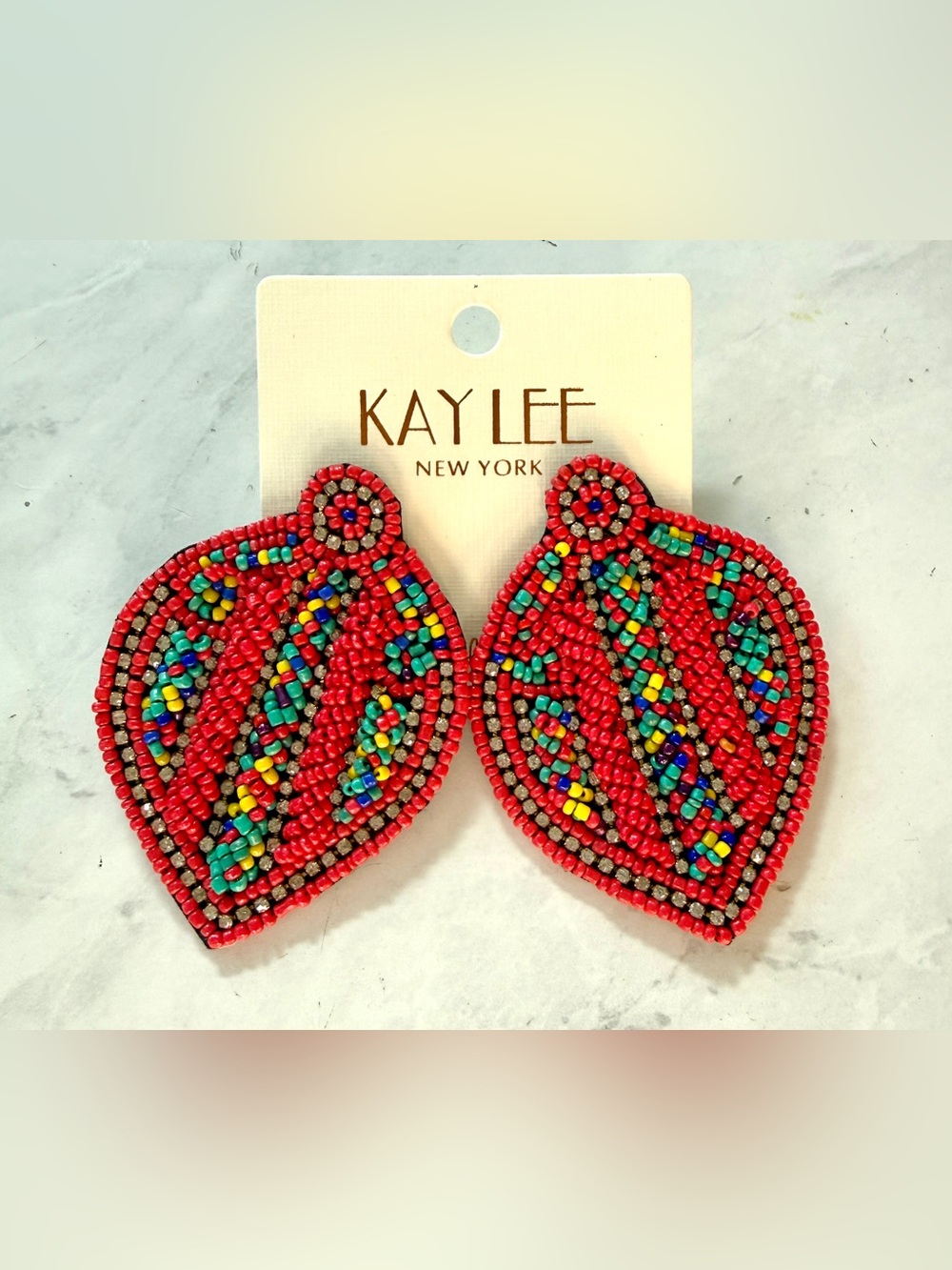 Kay Lee New York Handmade Boho Seed Bead Leaf Earrings NWT